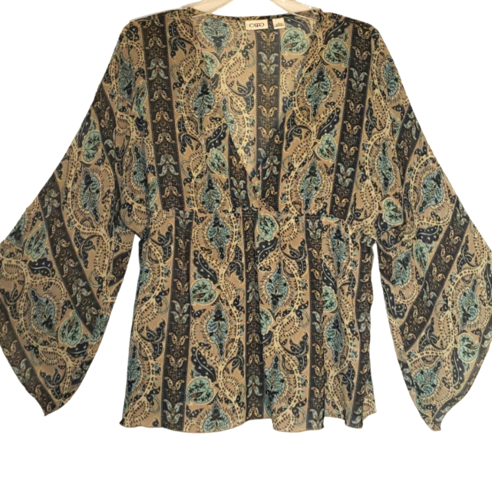 Cato women's large bohemian print v-neck pullover sheer tunic. 4034